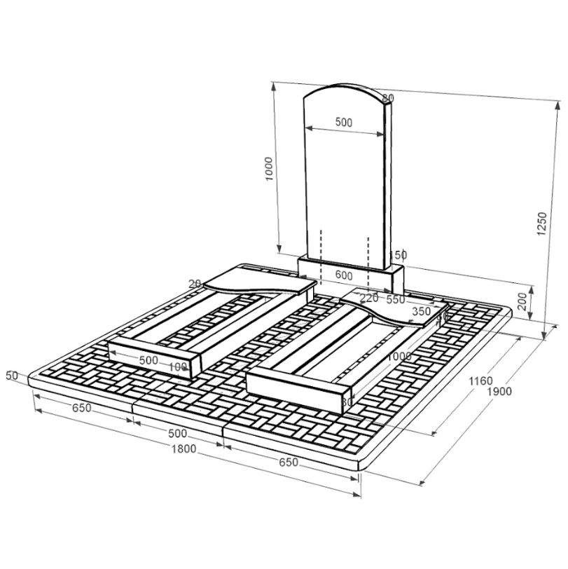 Размеры Памятник из гранита длиной 131 см двойной с волной резной из черного гранита Коростышев Дуга 009 к15-kor-pf-100-50-08-009-pbd2