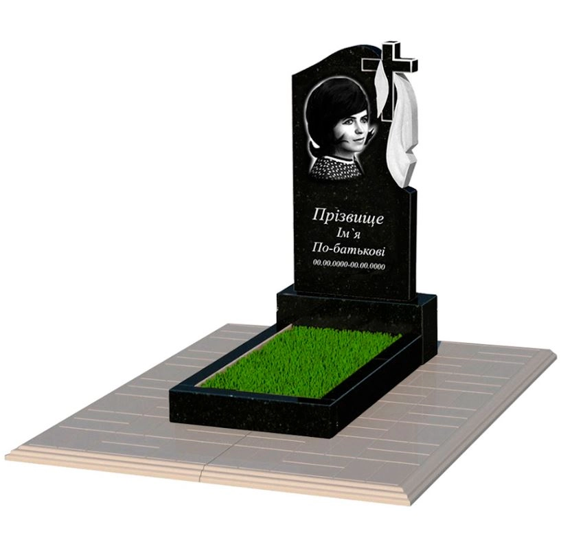 Основное Гранитный памятник с полированными фасками одинарный из черного гранита Коростышев с крестом и плащаницей резной к2-kor-pf-80-40-05-142-r-pbd1