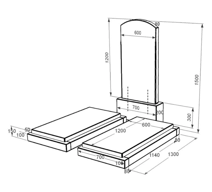 Розміри Гранітний пам'ятник високий подвійний із чорного граніту Коростишів з дугою різьблений к21-kor-pf-120-60-08-009