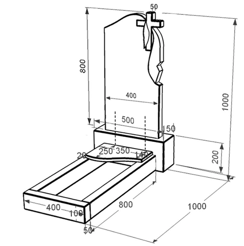 Розміри Пам'ятник із граніту вертикальний одинарний із чорного граніту Коростишів з хвилею різьблений к4-kor-pf-80-40-05-142-r