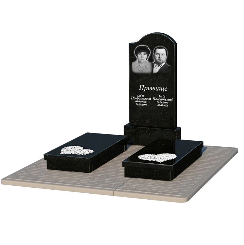 Основне Гранітний надгробний пам'ятник габро подвійний із чорного граніту Коростишів з серцем різьблена робота к20-kor-pf-100-50-08-011-r-pbd2
