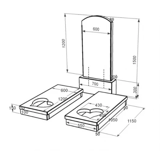 Розміри Пам'ятник із граніту з декоруванням білою галькою подвійний із чорного граніту Коростишів з серцем різьблена робота к20-kor-pf-120-60-08-009