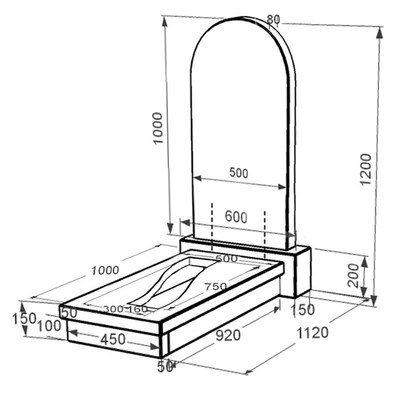 Размеры Памятник из гранита с полукруглой стелой одинарный из черного гранита Коростышев с вырезанной полосой к23-kor-npf-100-50-08-006