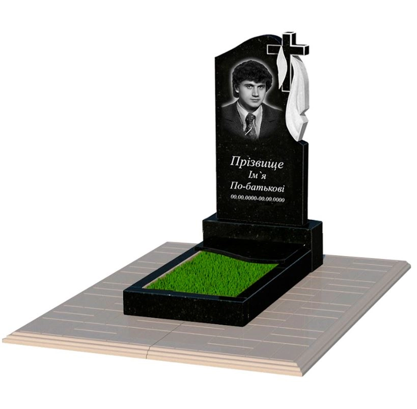 Основне Гранітний пам'ятник низький одинарний із чорного граніту Коростишів з хвилею різьблений к5-kor-pf-80-40-05-142-r-pbd1