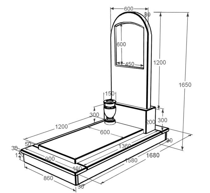 Розміри Мармуровий пам'ятник високий одинарний з білого мармуру Волокас з полукруглою стелою к7-vol-pf-120-60-08-006-ck