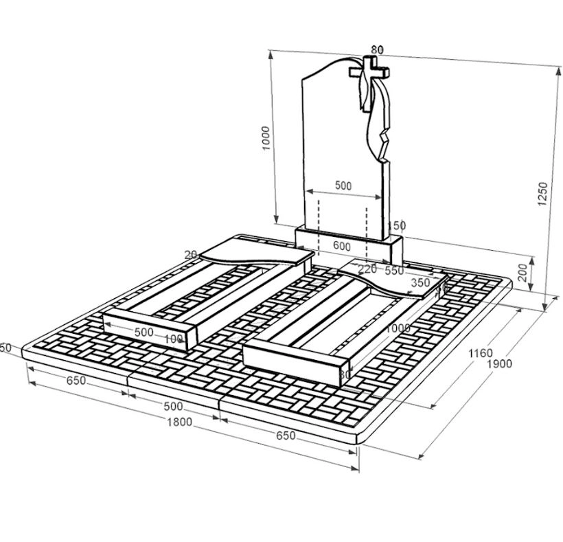 Розміри Гранітна плита на могилу подружжю подвійний із чорного граніту Коростишів з хвилею різьблений к15-kor-npf-100-50-08-142-r-pbd2