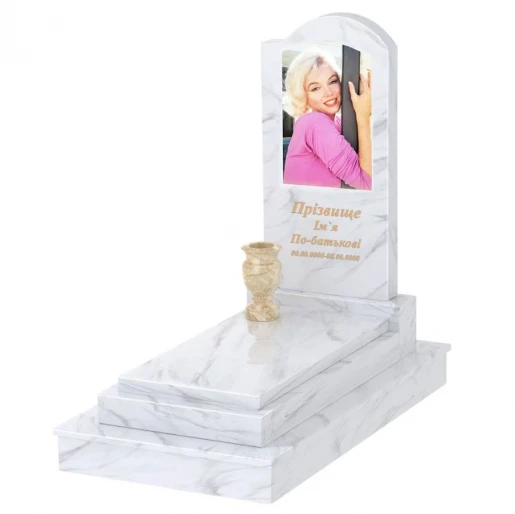 Камінь на могилу з мармуру фігурний одинарний з білого мармуру Волокас з хвилею різьблений к12-vol-pf-100-50-08-011-r-ck