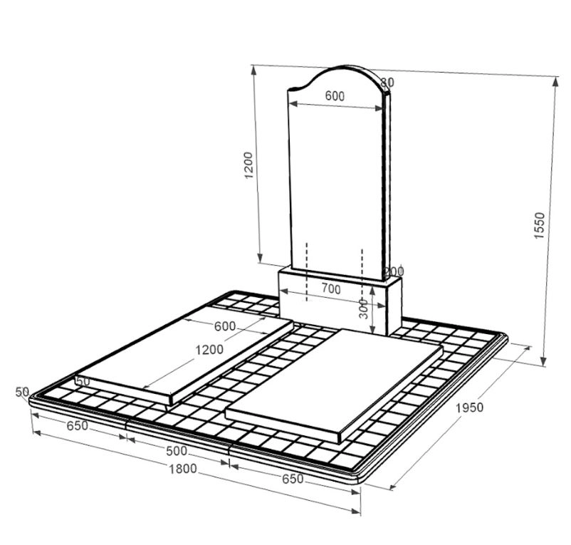 Размеры Гранитный памятник с надгробной плитой двойной из черного гранита Коростышев с волной резной к17-kor-npf-120-60-08-011-r-pbd3