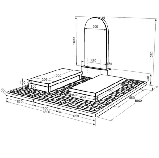 Розміри Гранітний пам'ятник з повним поліруванням сторін подвійний із чорного граніту Коростишів з полукруглою стелою к19-kor-pf-100-50-08-006-pbd2