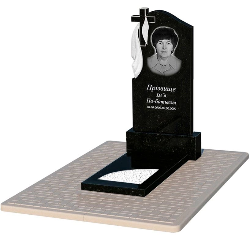 Основне Гранітний пам'ятник з вирізаним куточком одинарний із чорного граніту Коростишів к9-kor-pf-100-50-08-142-pbd2