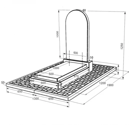 Розміри Пам'ятник із граніту з протиусадковою плитою одинарний із чорного граніту Коростишів з полукруглою стелою к12-kor-pf-100-50-08-006-pbd2