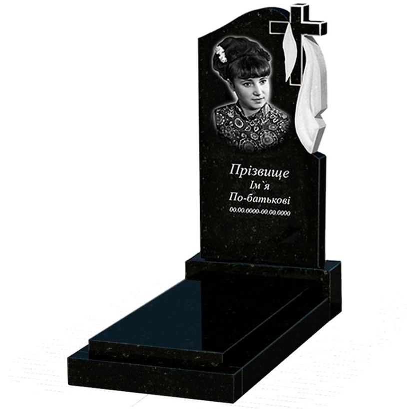 Основне Гранітна плита на могилу дівчинам одинарна із чорного граніту Коростишів з хрестом та плащаницею різьблена к12-kor-pf-100-50-08-142-r