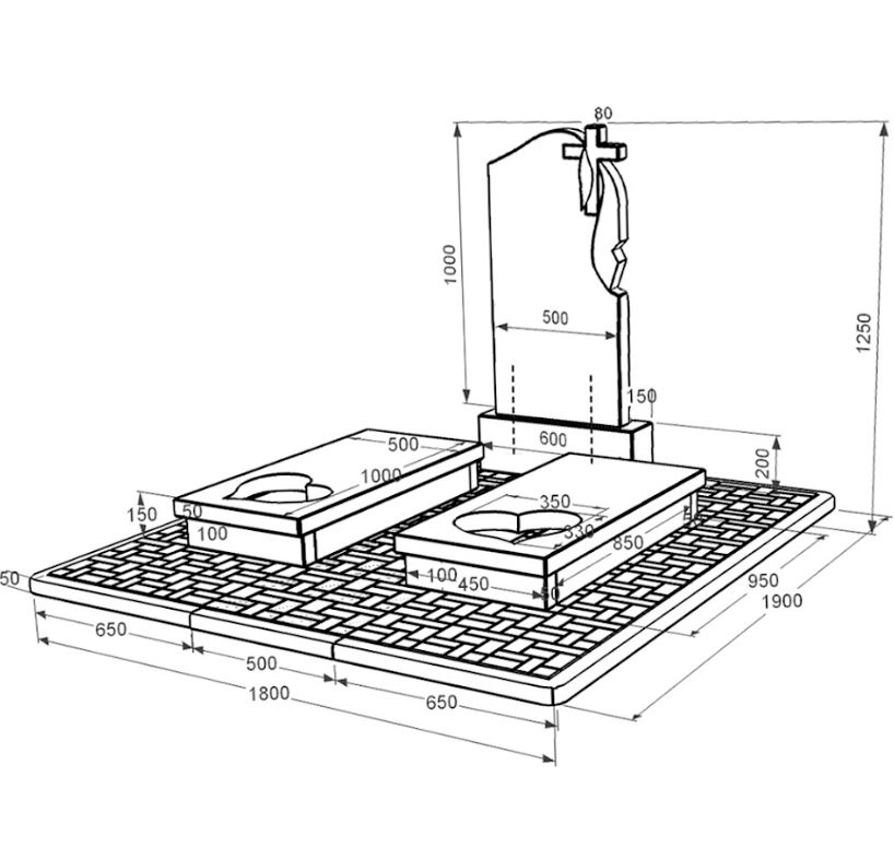 Размеры Памятник надгробный из гранита с сердцем резная работа двойной из черного гранита Коростышев к20-kor-npf-100-50-08-142-r-pbd2