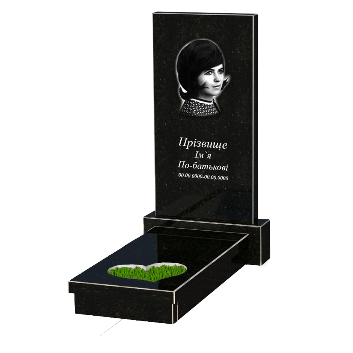 Основне Гранітний пам'ятник на одного із чорного граніту Коростишів з серцем різьблена робота к11-kor-npf-100-50-08-001