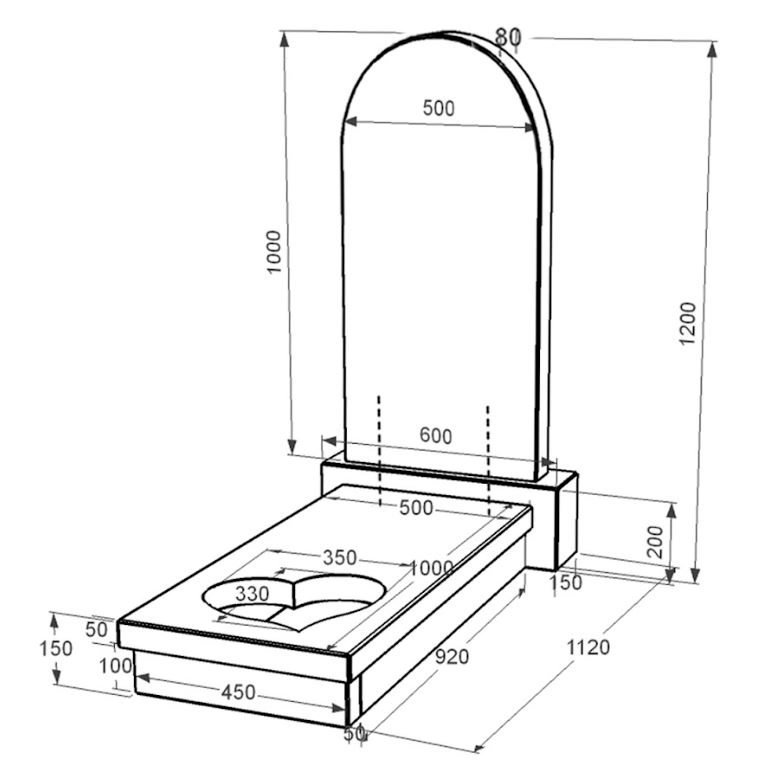 Розміри Гранітний пам'ятник напівкруглий одинарний із чорного граніту Коростишів з серцем різьблена робота к11-kor-npf-100-50-08-006
