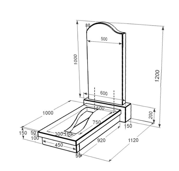 Розміри Надгробний пам'ятник із граніту з вирізаною смугою одинарний із чорного граніту Коростишів з хвилею різьблений к23-kor-pf-100-50-08-011-l