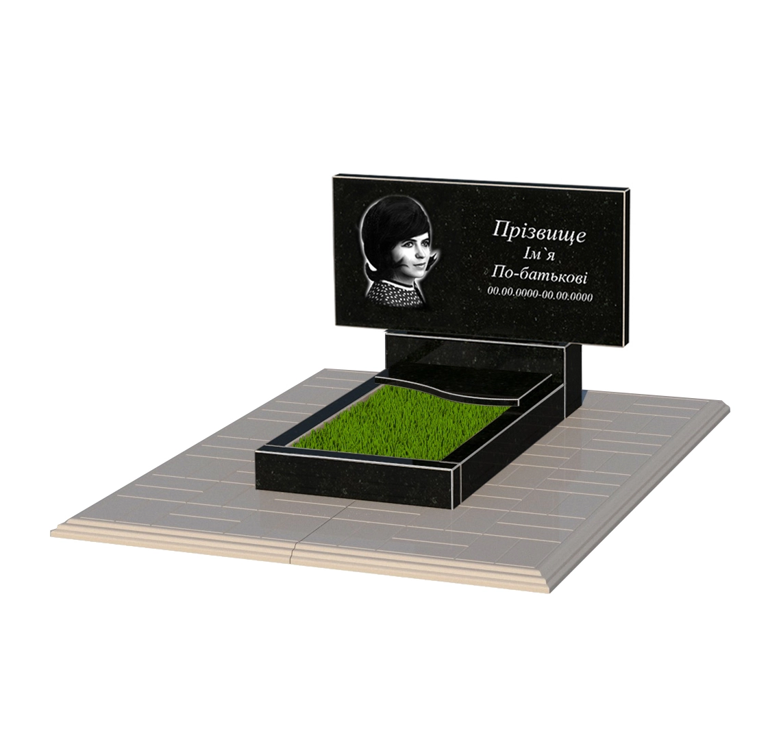 Основне Гранітний пам'ятник з декоруванням штучним газаном одинарний із чорного граніту Коростишів з хвилею різьблений к5-kor-npf-40-80-05-001-pbd1