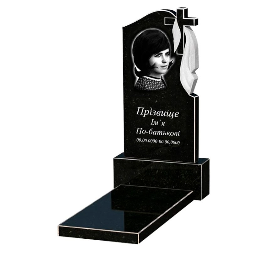 Основне Гранітний пам'ятник на могилу доньці одинарний із чорного граніту Коростишів з хрестом та плащаницею різьблений к7-kor-npf-80-40-05-142-r