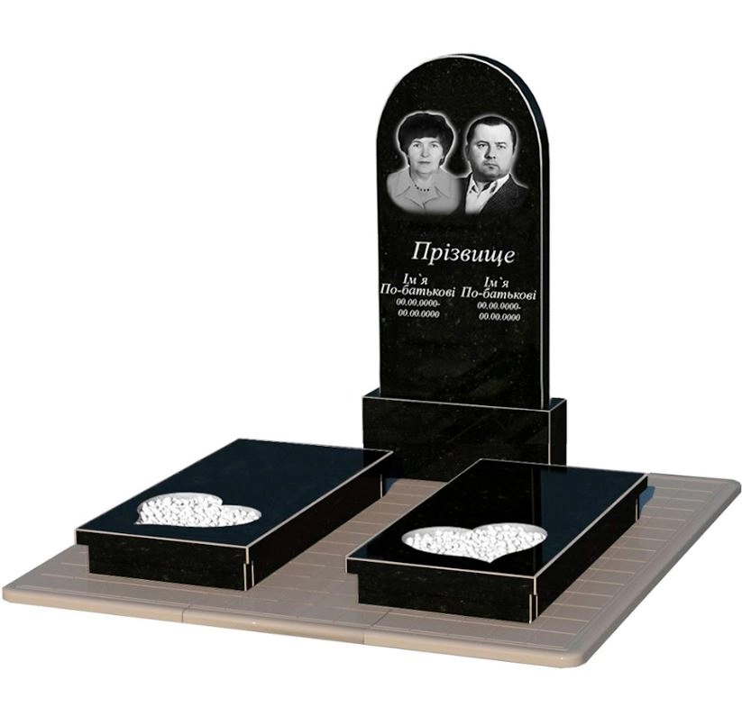 Основне Гранітний пам'ятник з серцем різьблена робота подвійний із чорного граніту Коростишів к20-kor-npf-120-60-08-006-pbd3