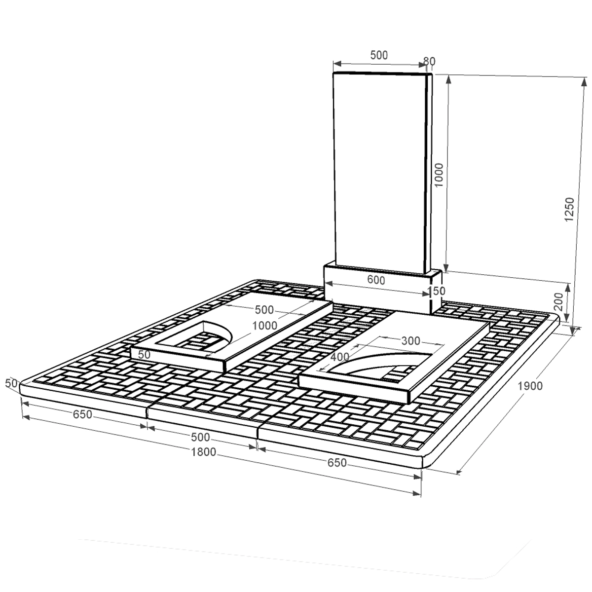 Розміри Гранітний пам'ятник висотою 120 см подвійний із чорного граніту Коростишів з вирізаним куточком к20-kor-npf-100-50-08-001-pbd2