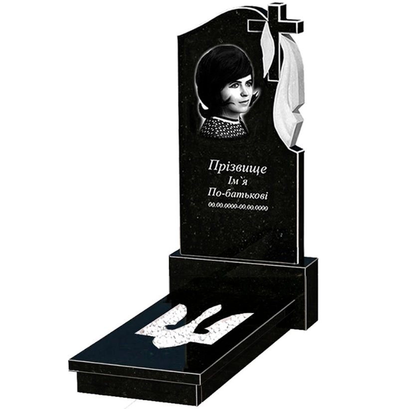 Основне Ритуальний пам'ятник із граніту з Тризубом резним одинарний із чорного граніту Коростишів к8-kor-npf-120-60-08-142-r