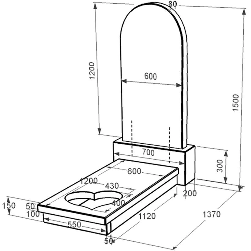 Розміри Гранітний пам'ятник високий одинарний із чорного граніту Коростишів з серцем різьблена робота к11-kor-npf-120-60-08-006