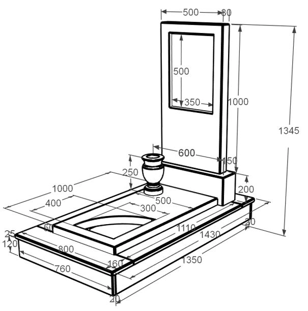 Розміри Мармуровий пам'ятник на могилу прямокутний одинарний з мармуру Дайна з вирізаним куточком к9-dan-pf-100-50-08-001-ck
