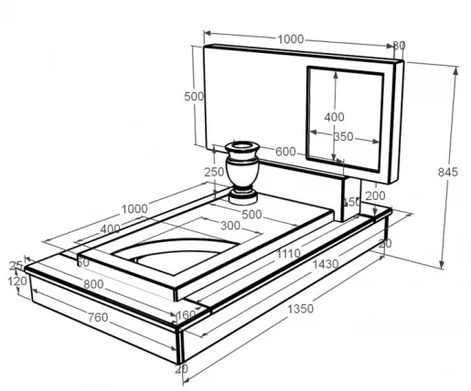 Размеры Мраморный памятник горизонтальный одинарный из мрамора Дайна с вырезанным уголком к9-dan-pf-50-100-05-001-ck