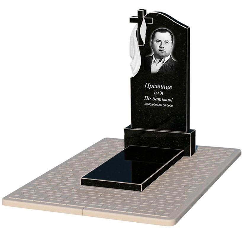 Основне Гранітний пам'ятник вертикальний одинарний із чорного граніту Коростишів з хрестом різьблений з плащаницею різьблений к7-kor-npf-100-50-08-142-pbd2