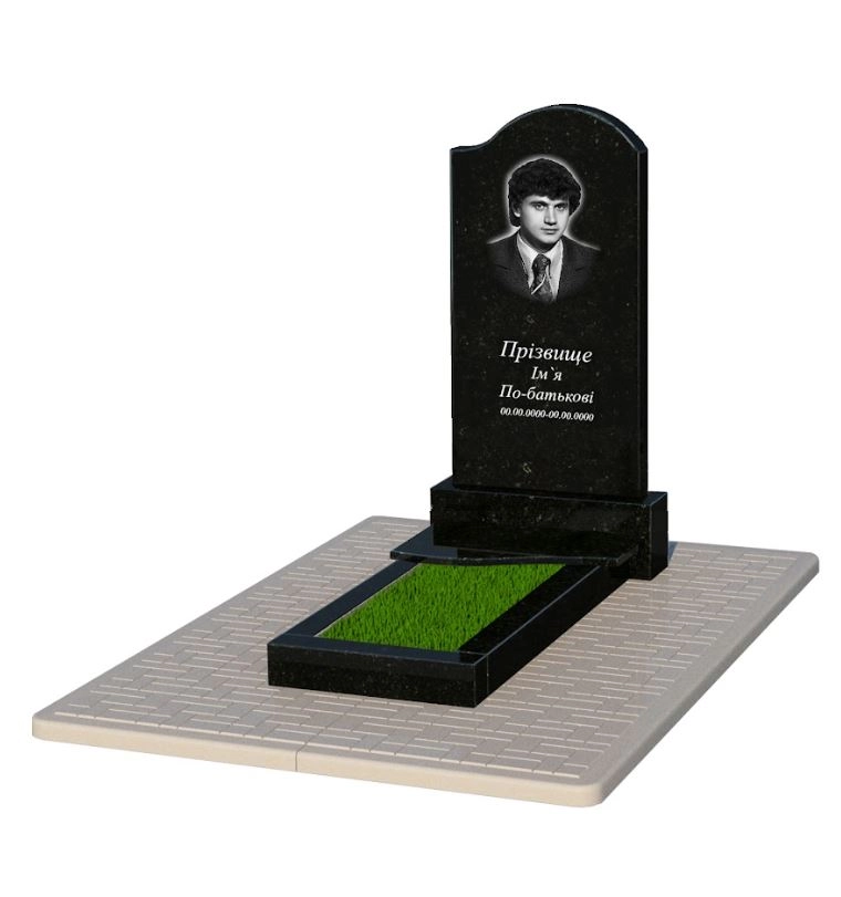 Основное Гранитный памятник с плитой на цветнике одинарный из черного гранита Коростышев с волной резной к3-kor-pf-100-50-08-011-r-pbd2