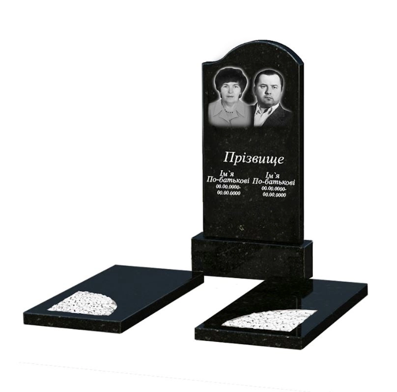 Основное Гранитный памятник на кладбище с надгробной плитой двойной из черного гранита Коростышев с вырезанным уголком к18-kor-pf-100-50-08-011-r