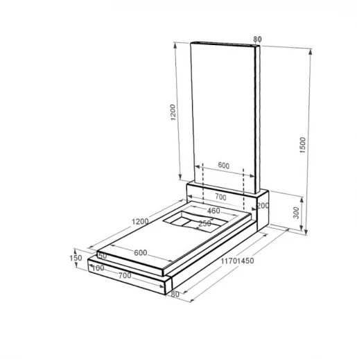 Размеры Гранитный памятник с вырезанным флагом 1500x700x1450 одинарный из черного гранита Коростышевского карьера серия Базис 001 к6-kor-npf-120-60-08-001