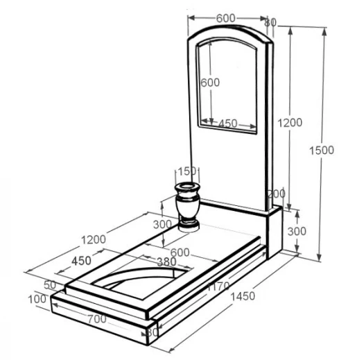 Розміри Мармуровий пам'ятник дугоподібний одинарний з білого мармуру Волокас з вирізаним куточком к24-vol-pf-120-60-08-009