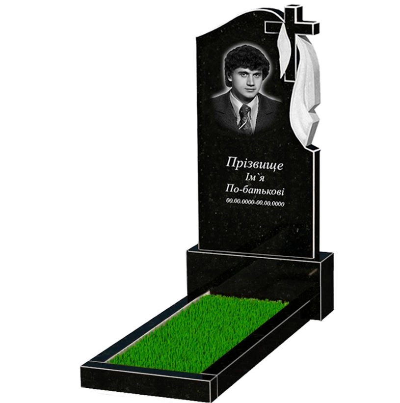 Основное Гранитный памятник высотой 150 см одинарный из черного гранита Коростышев с крестом и плащаницей резной к1-kor-npf-120-60-08-142-r