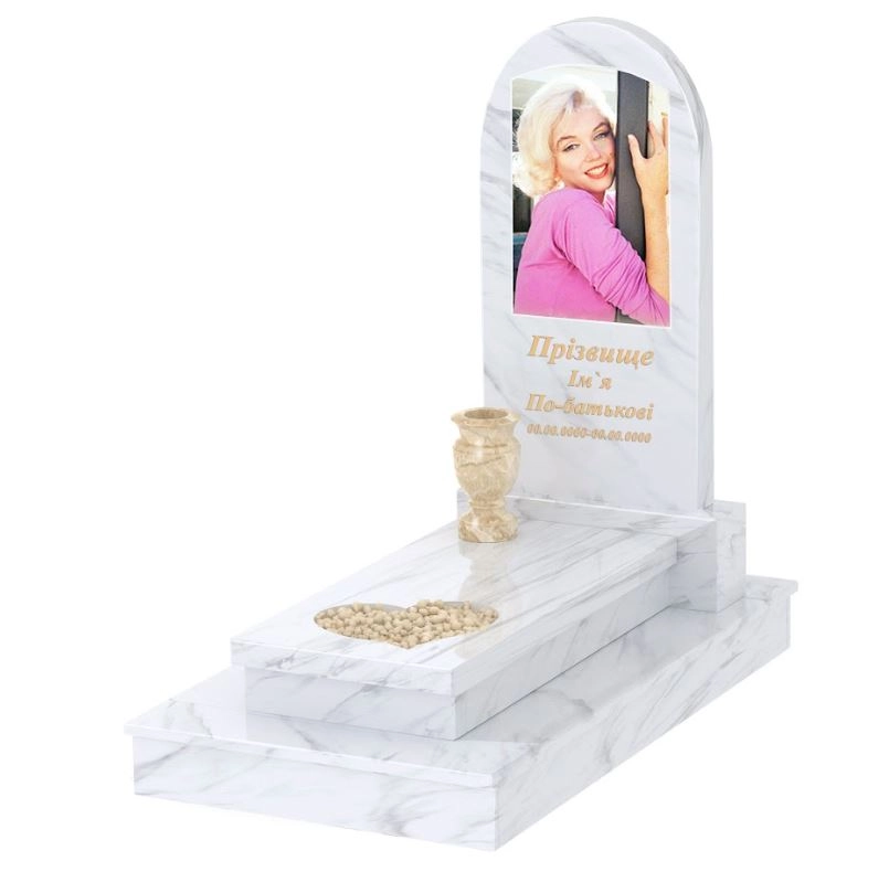 Основне Мармуровий пам'ятник з серцем різьблена робота одинарний з білого мармуру Волокас з полукруглою стелою к11-vol-pf-100-50-08-006-ck