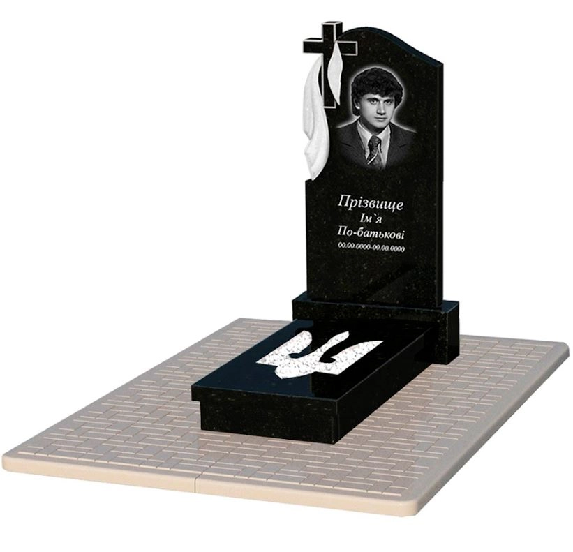 Основное Гранитный ритуальный памятник с Трезубом резным одинарный из черного гранита Коростышев к8-kor-pf-100-50-08-142-pbd2