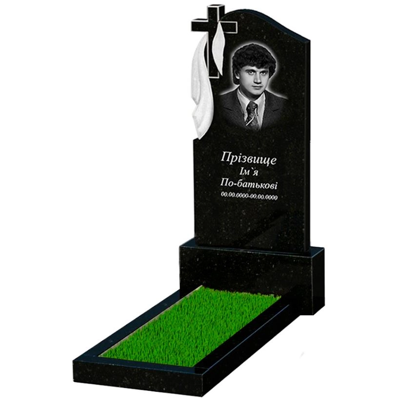 Основное Гранитный памятник с плащаницей и крестом резной одинарный из черного гранита Коростышев к1-kor-pf-120-60-08-142