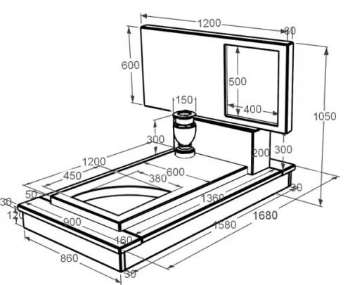 Розміри Мармурова плита на могилу стела 60х120 см одинарна з мармуру Дайна з вирізаним куточком к9-dan-pf-60-120-08-001-ck