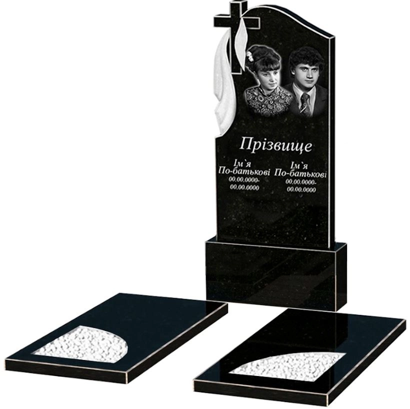 Основне Гранітний пам'ятник з вирізаним куточком подвійний із чорного граніту Коростишів к18-kor-npf-120-60-08-142