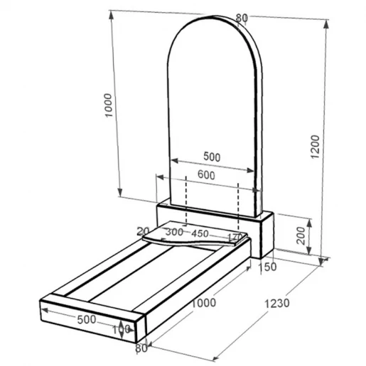 Размеры Гранитный памятник полукруглый одинарный из черного гранита Коростышев с волной резной к4-kor-npf-100-50-08-006