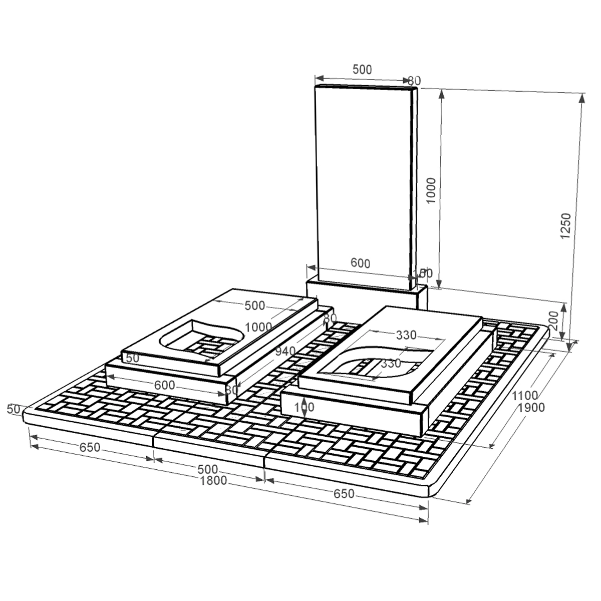 Размеры Гранитный памятник с бетонной плитой двойной из черного гранита Коростышев с листом резная работа к24-kor-npf-100-50-08-001-pbd2