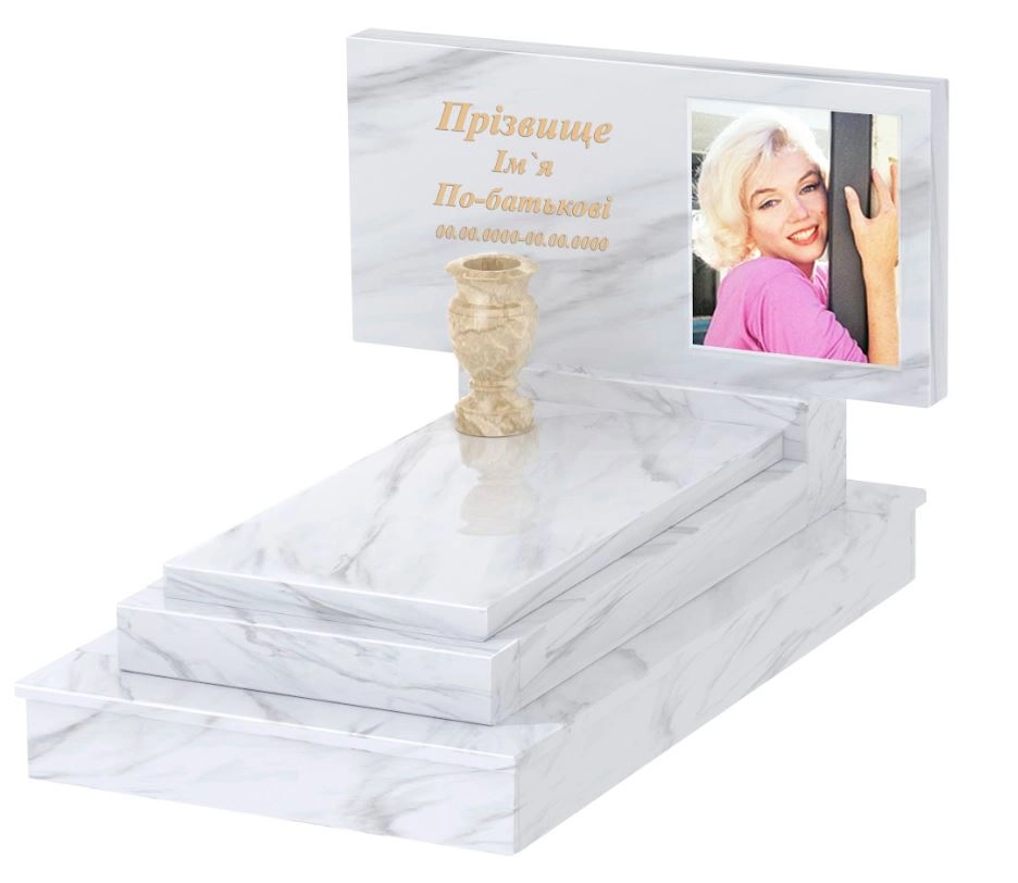 Основне Мармуровий надгробок без різьблених робіт одинарний з білого мармуру Волокас к12-vol-pf-50-100-08-001-ck