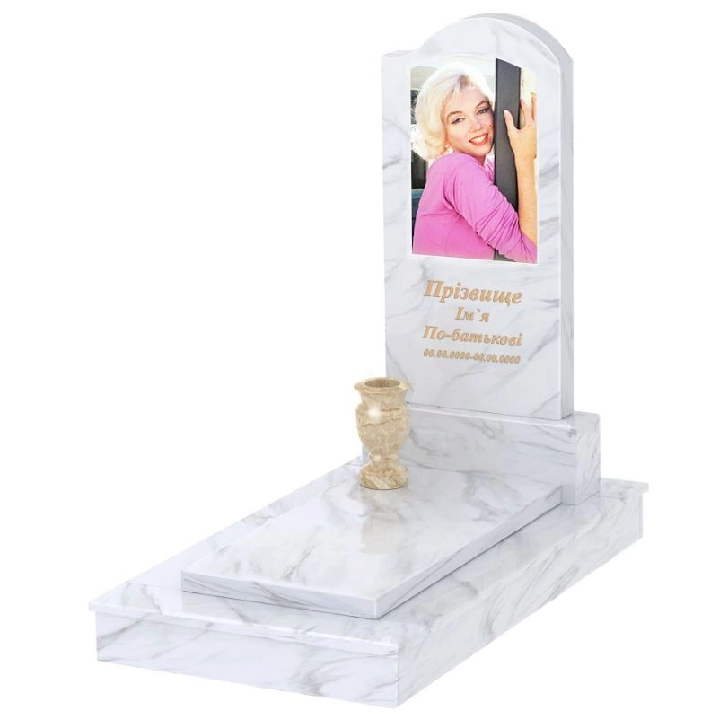 Основне Мармуровий пам'ятник на могилу на кладовище одинарний з білого мармуру Волокас з хвилею різьблений к7-vol-pf-100-50-08-011-r-ck