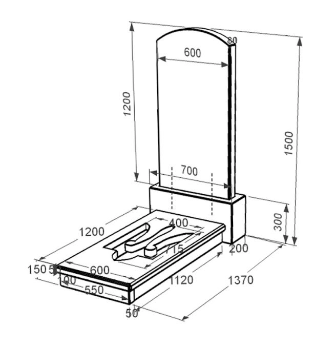 Розміри Пам'ятник із граніту з декоруванням білою галькою одинарний із чорного граніту Коростишів з Тризубом вирізаним к8-kor-npf-120-60-08-009