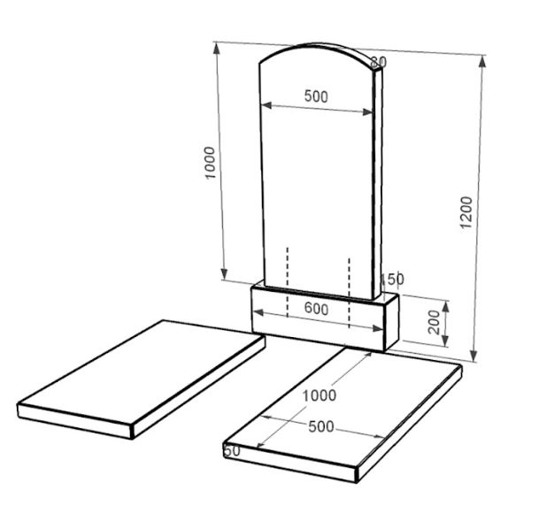 Розміри Гранітний пам'ятник габро подвійний із чорного граніту Коростишів з дугою різьблений к17-kor-pf-100-50-08-009