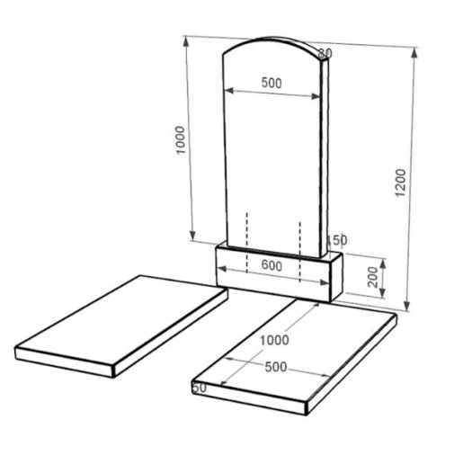 Размеры Гранитный памятник габбро двойной из черного гранита Коростышев с дугой резной к17-kor-pf-100-50-08-009