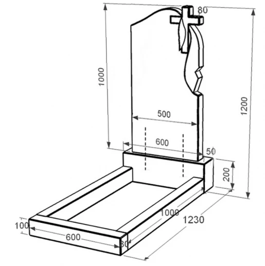 Розміри Кам'яний надгробок із граніту з хрестом різьблена робота одинарний із чорного граніту Коростишів к2-kor-npf-100-50-08-142-r