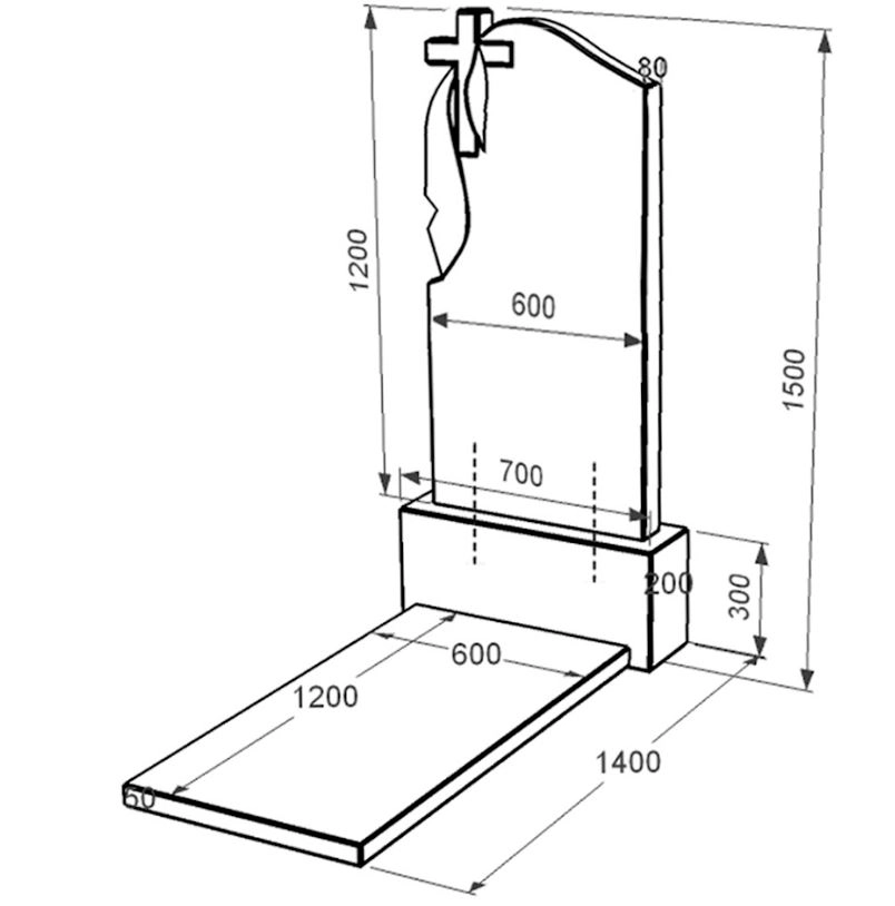 Розміри Пам'ятник із граніту з плащаницею та хрестом різьбленої форми одинарний із чорного граніту Коростишів к7-kor-npf-120-60-08-142
