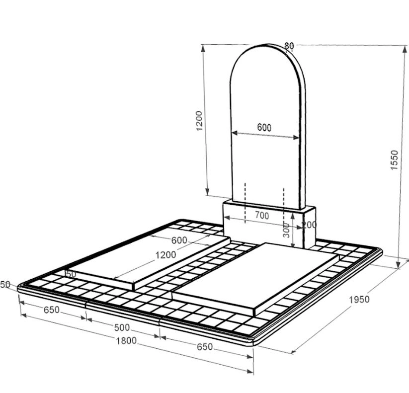 Размеры Гранитный памятник с надгробной плитой двойной из черного гранита Коростышев с полукруглой стелой к17-kor-npf-120-60-08-006-pbd3