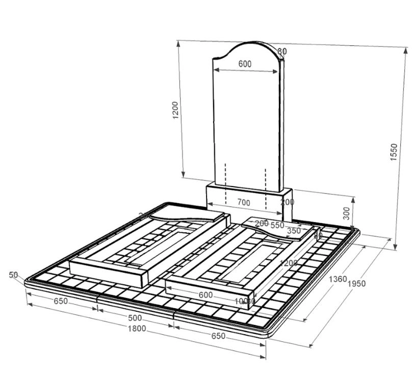 Розміри Пам'ятник із граніту з квітником подвійний із чорного граніту Коростишів з хвилею різьблений к16-kor-pf-120-60-08-011-r-pbd3